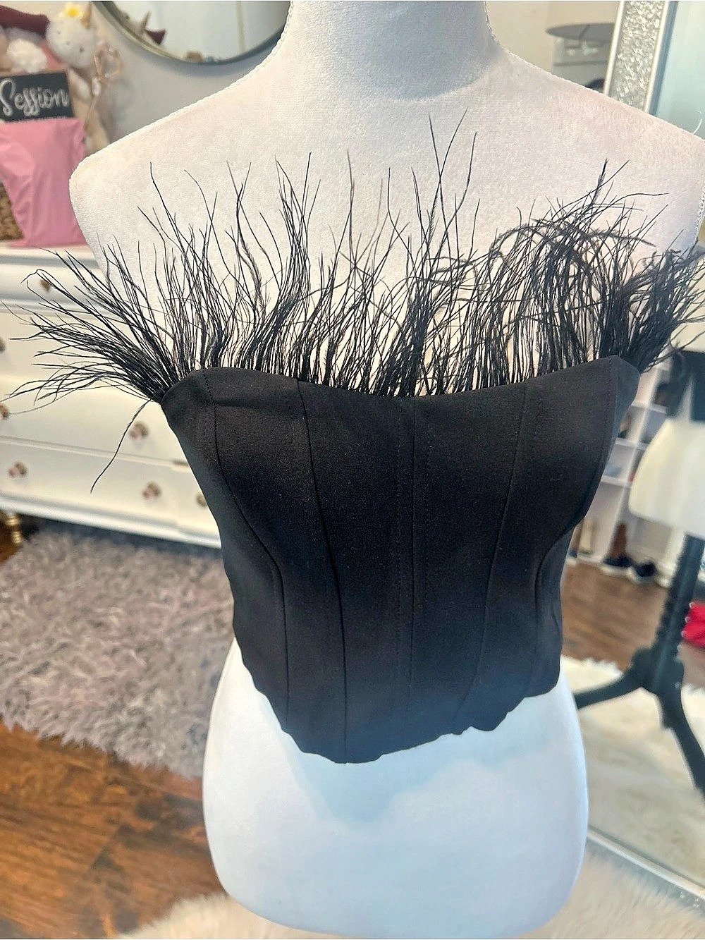 ZARA Black Feather Trim Crop Top Like New